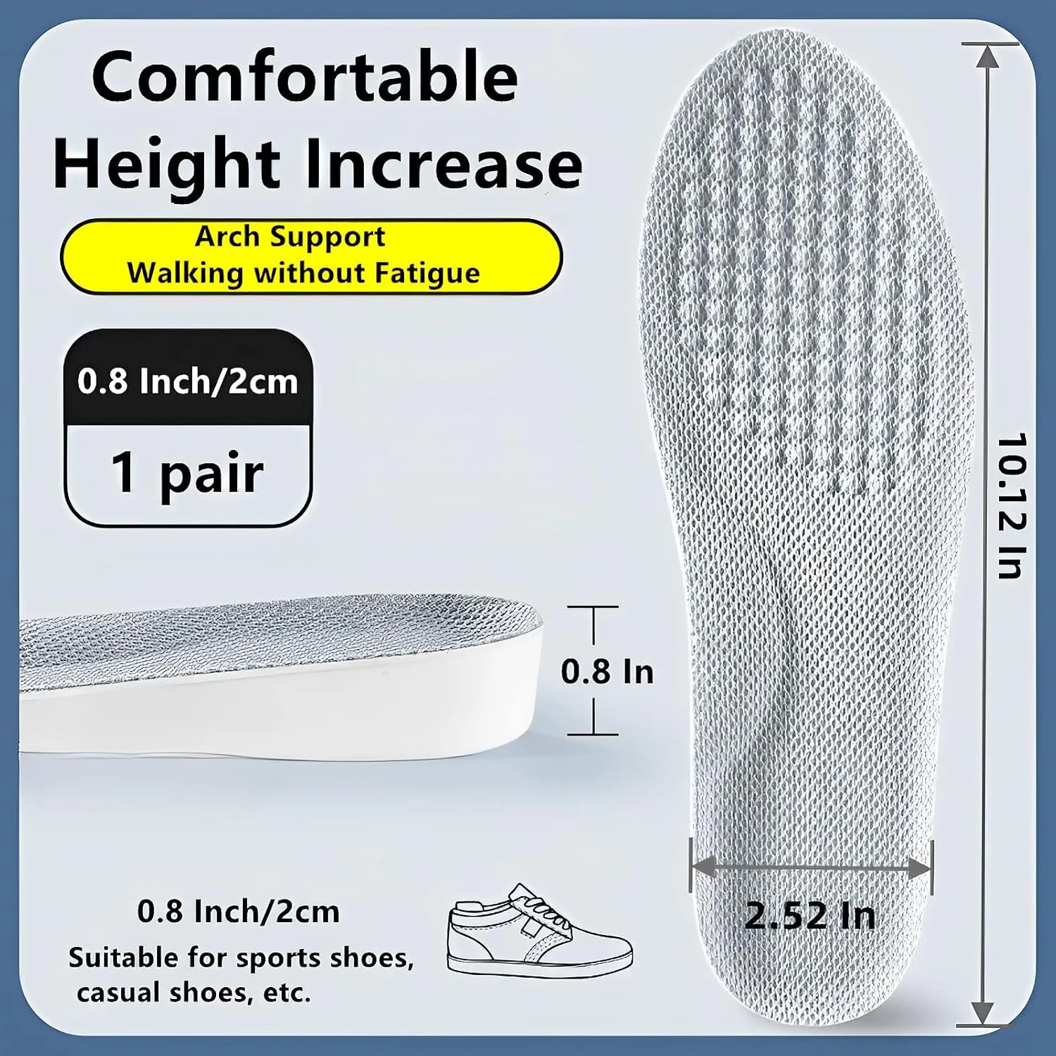 Brandone Height Insoles 1,2,3 Inch,Height Increase Insoles,Height Boosters,Orthopedic High Pads,Shoe Heel Lifts,Shoe Inserts Men Height,Heel Lifts for Achilles Tendonitis (10.12''Lx0.8''UP) (1 Pair)