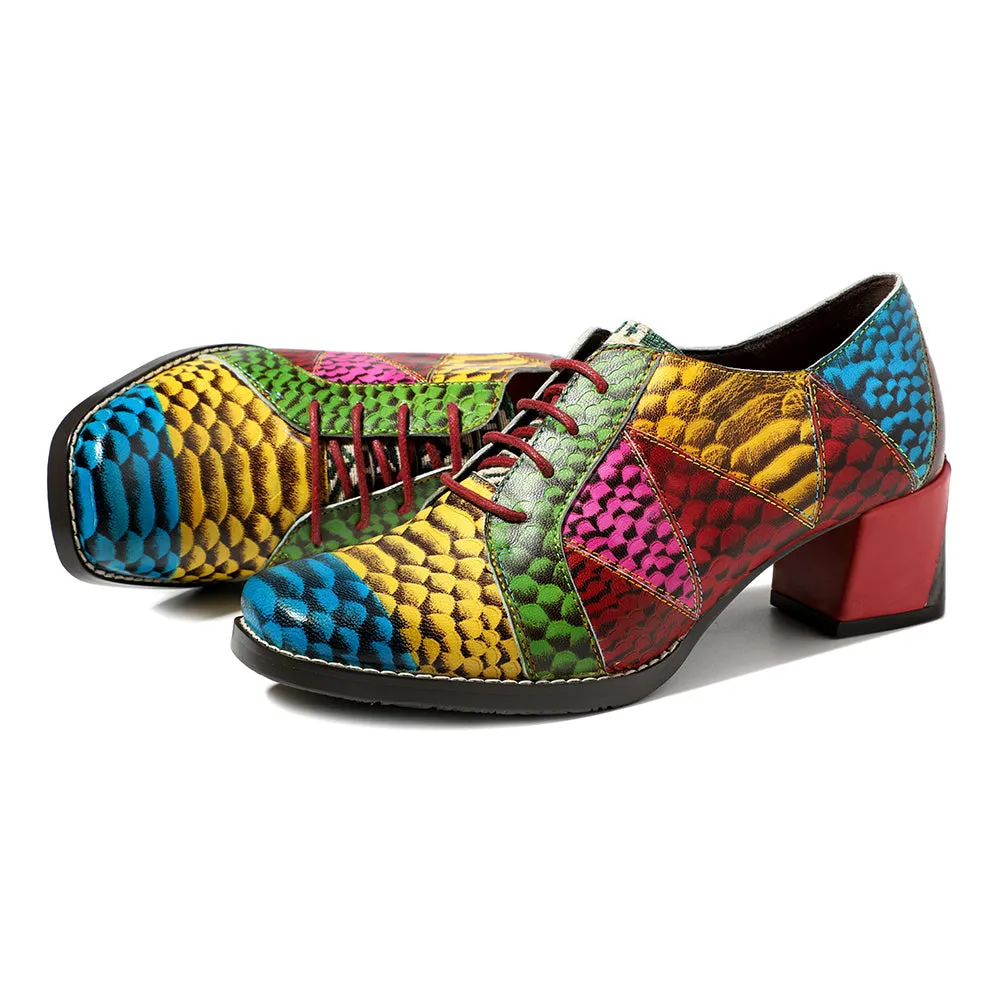 Colorful Square Toe Oxford Heel Pumps