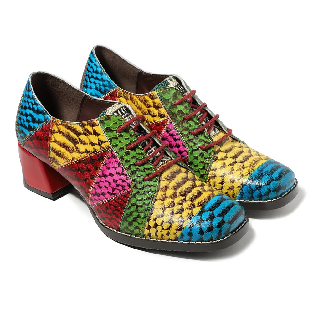 Colorful Square Toe Oxford Heel Pumps