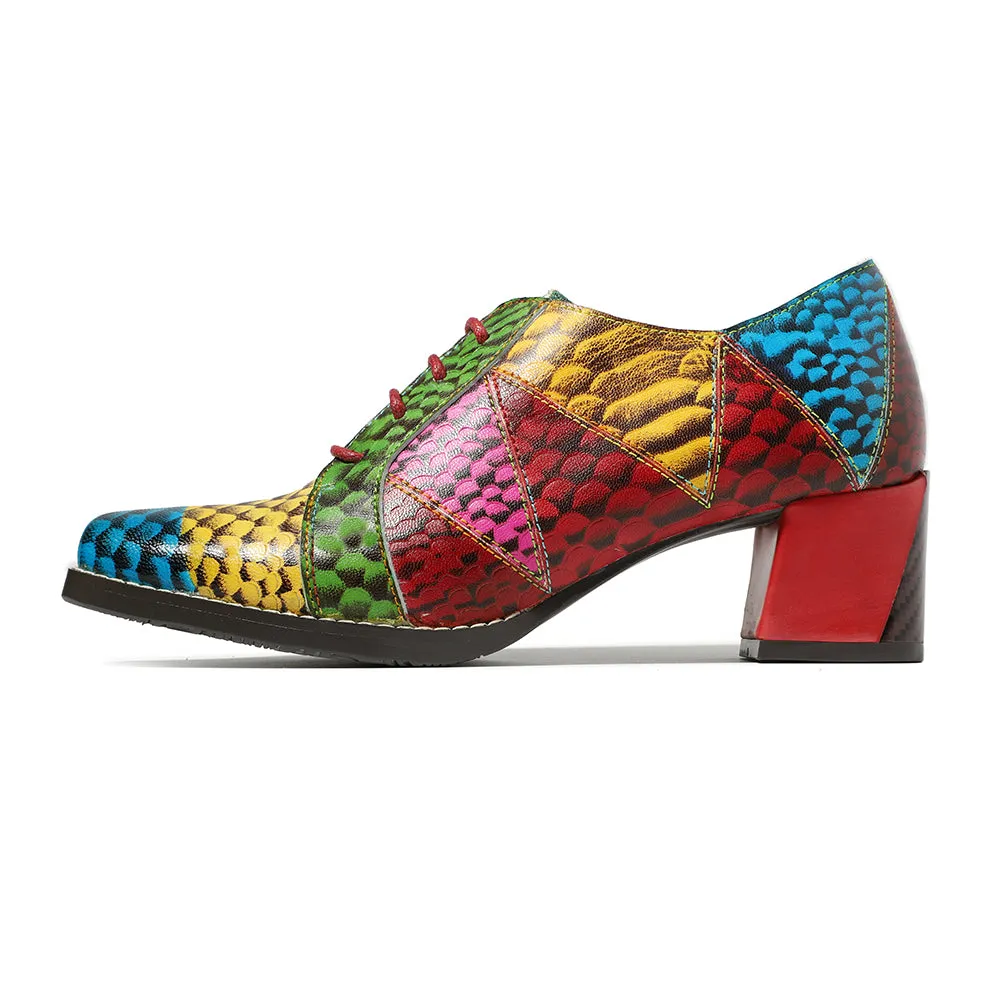 Colorful Square Toe Oxford Heel Pumps