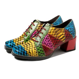 Colorful Square Toe Oxford Heel Pumps