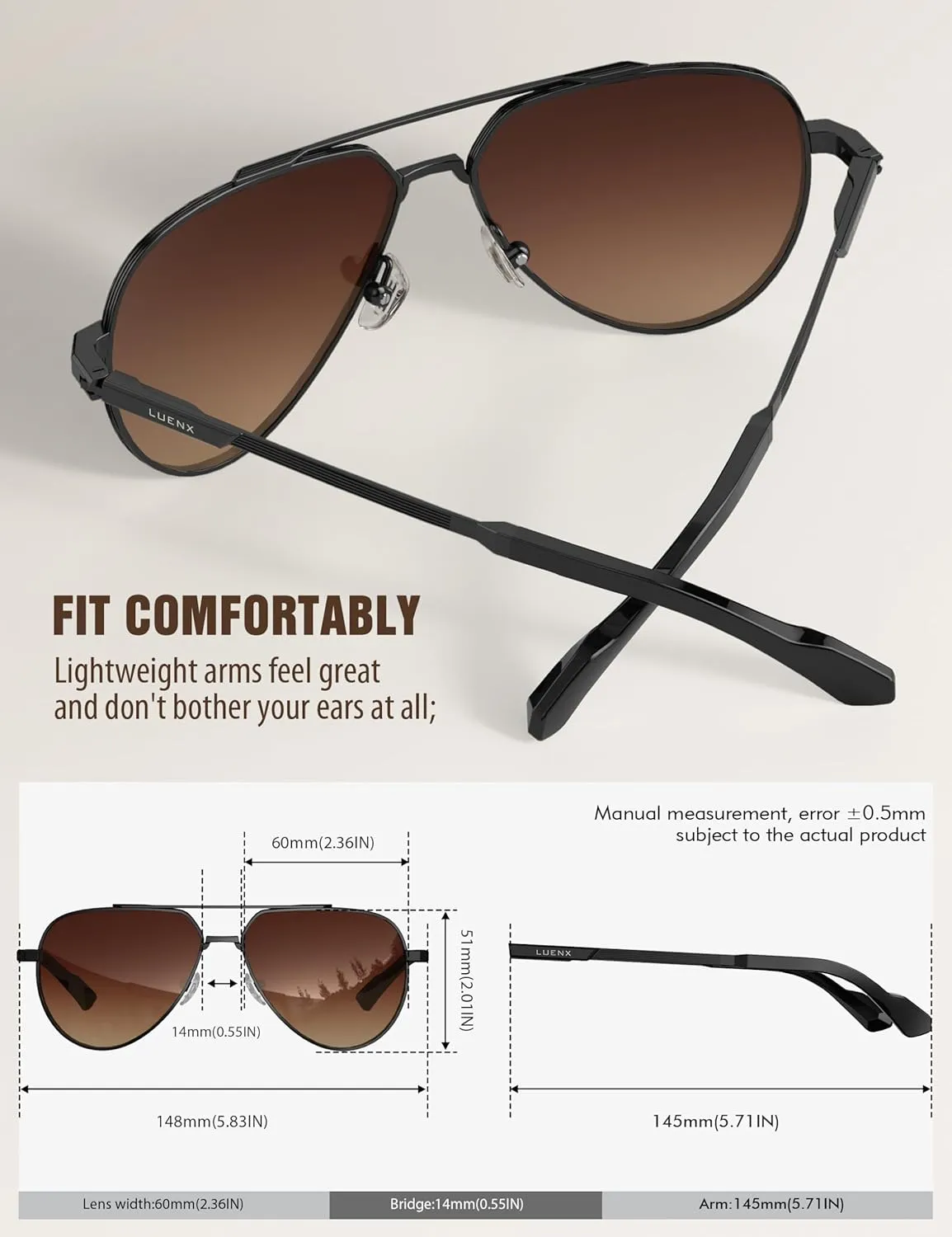 LUENX Aviator Sunglasses for Men Women Polarized Trendy Sun Shades UV 400 Protection