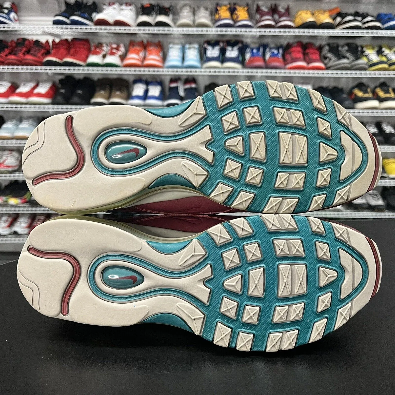 Nike Air Max 97 Light Taupe Geode Teal Team Red Shoes AQ4126-202 Men's Size 11.5