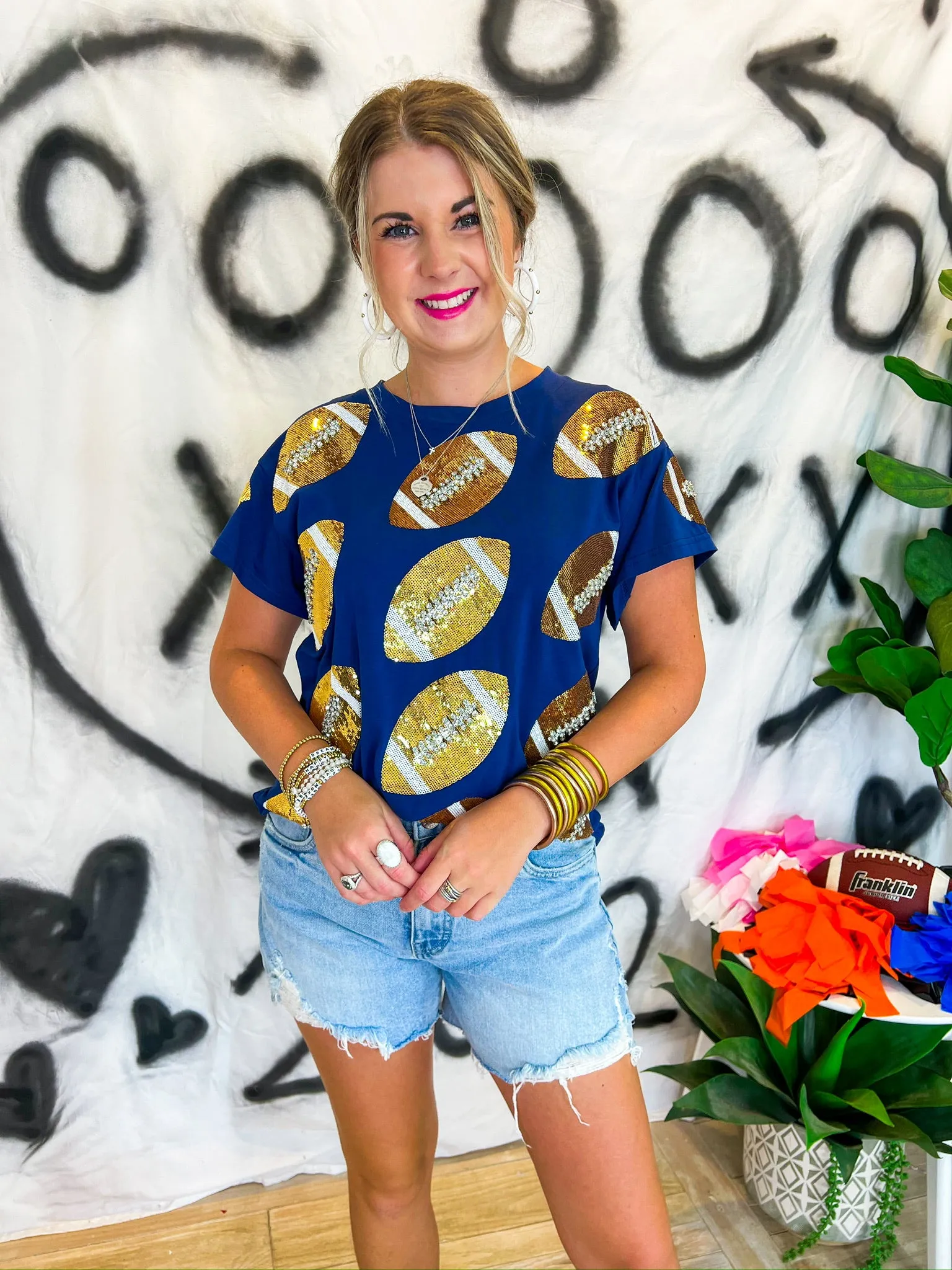 Rhinestone Football Tee - Navy/Gold