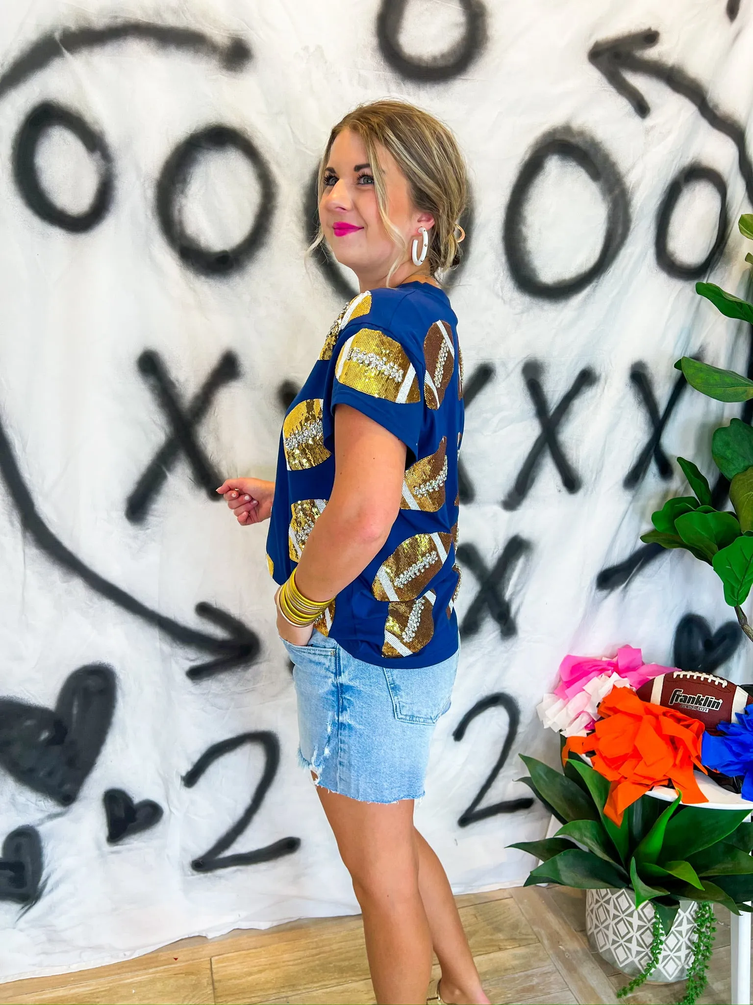 Rhinestone Football Tee - Navy/Gold