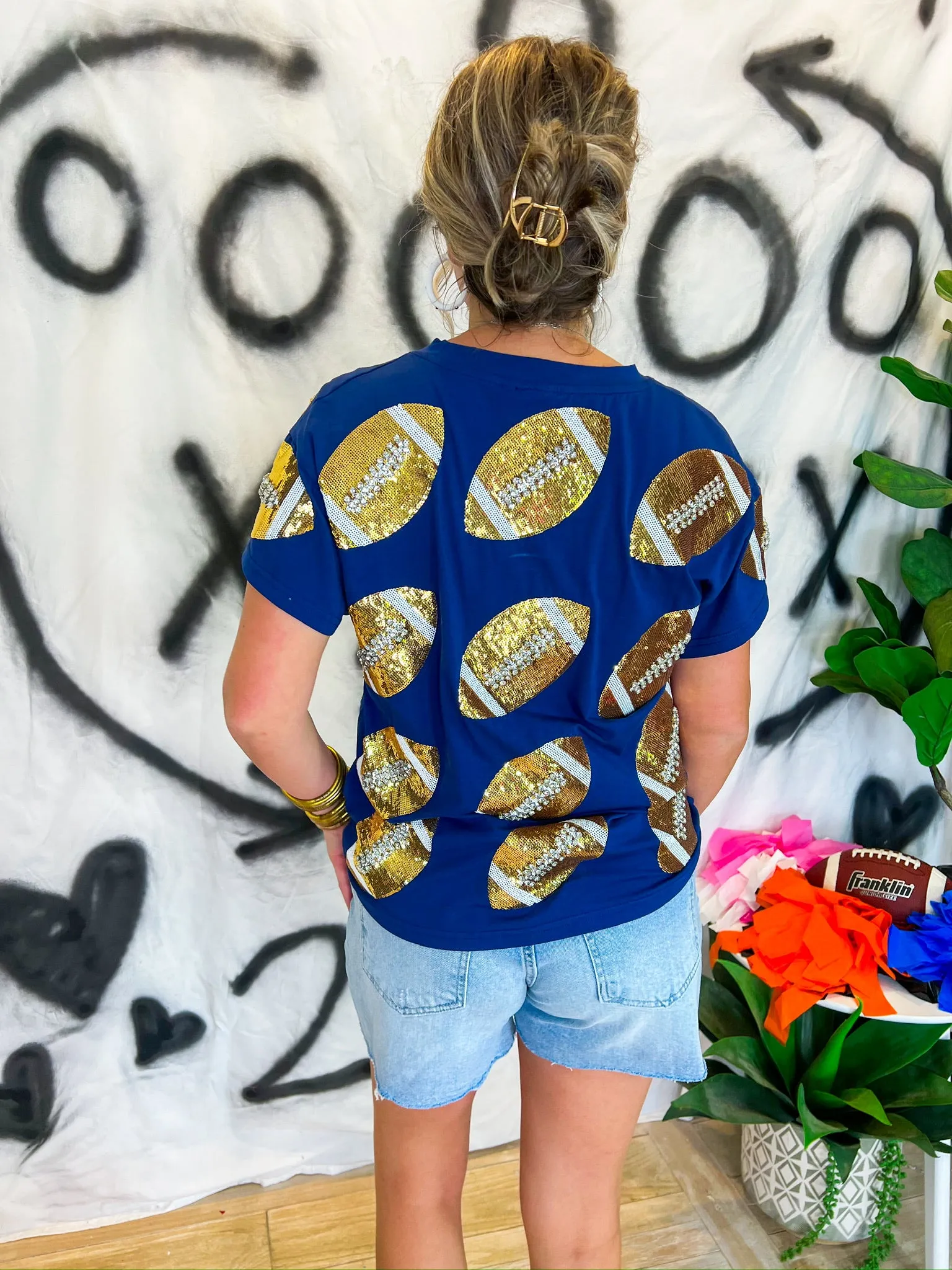 Rhinestone Football Tee - Navy/Gold
