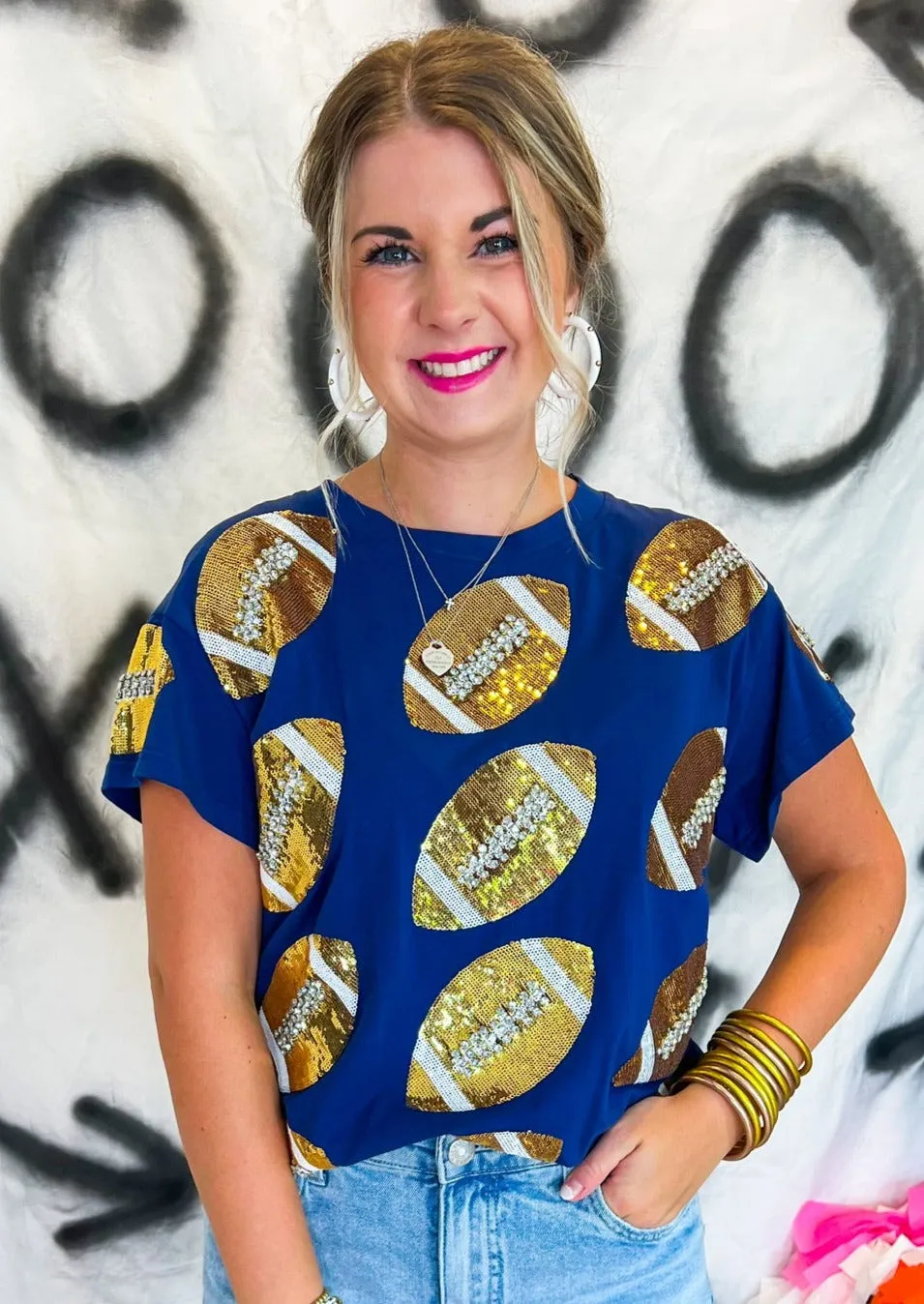 Rhinestone Football Tee - Navy/Gold