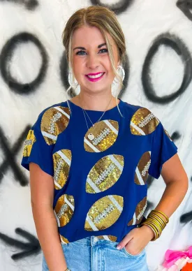 Rhinestone Football Tee - Navy/Gold