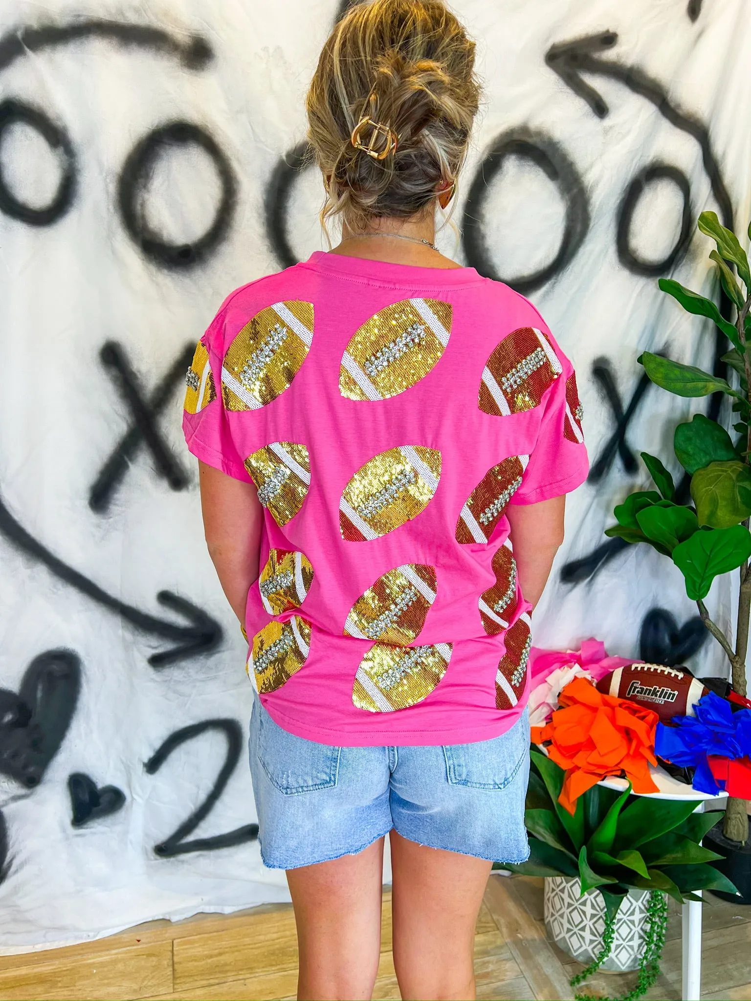 Rhinestone Football Tee - Pink/Gold
