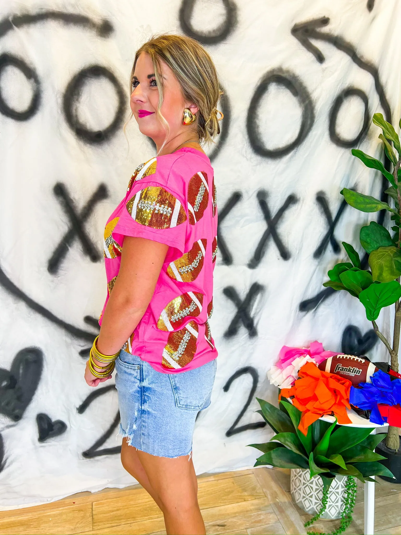 Rhinestone Football Tee - Pink/Gold