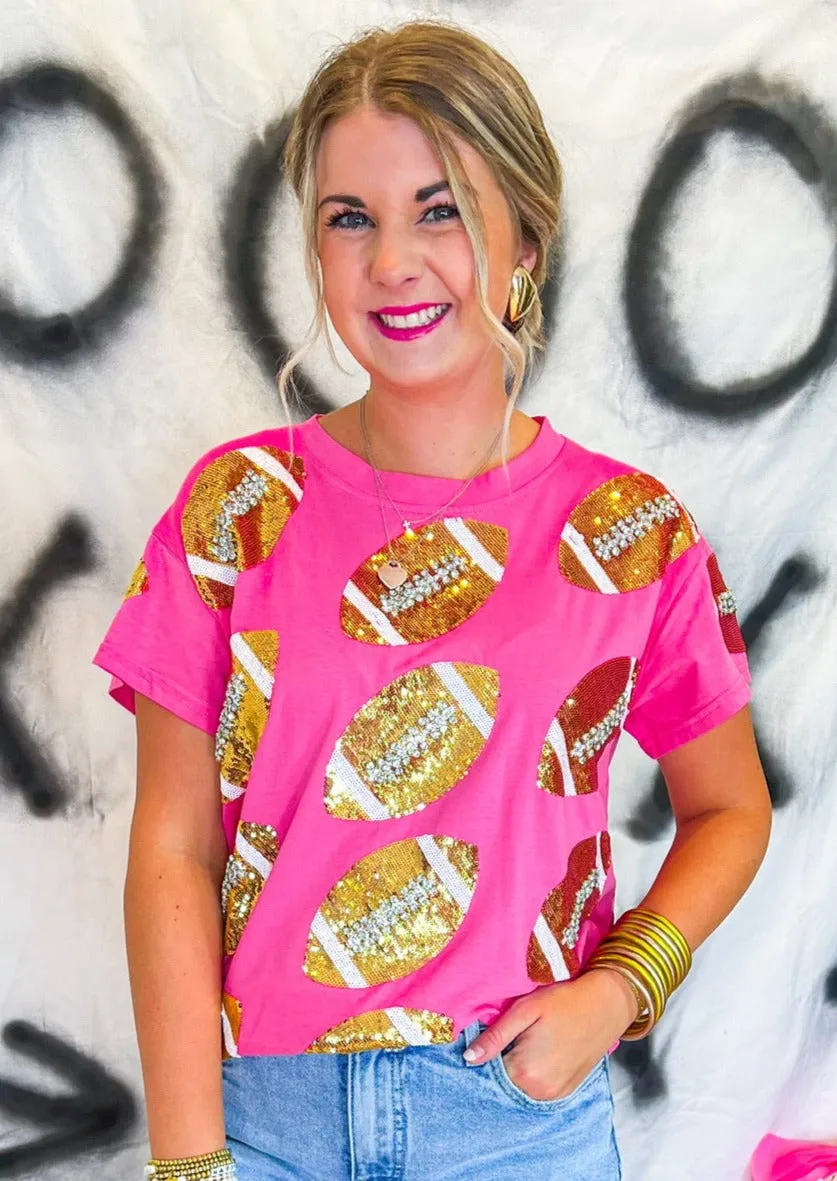 Rhinestone Football Tee - Pink/Gold