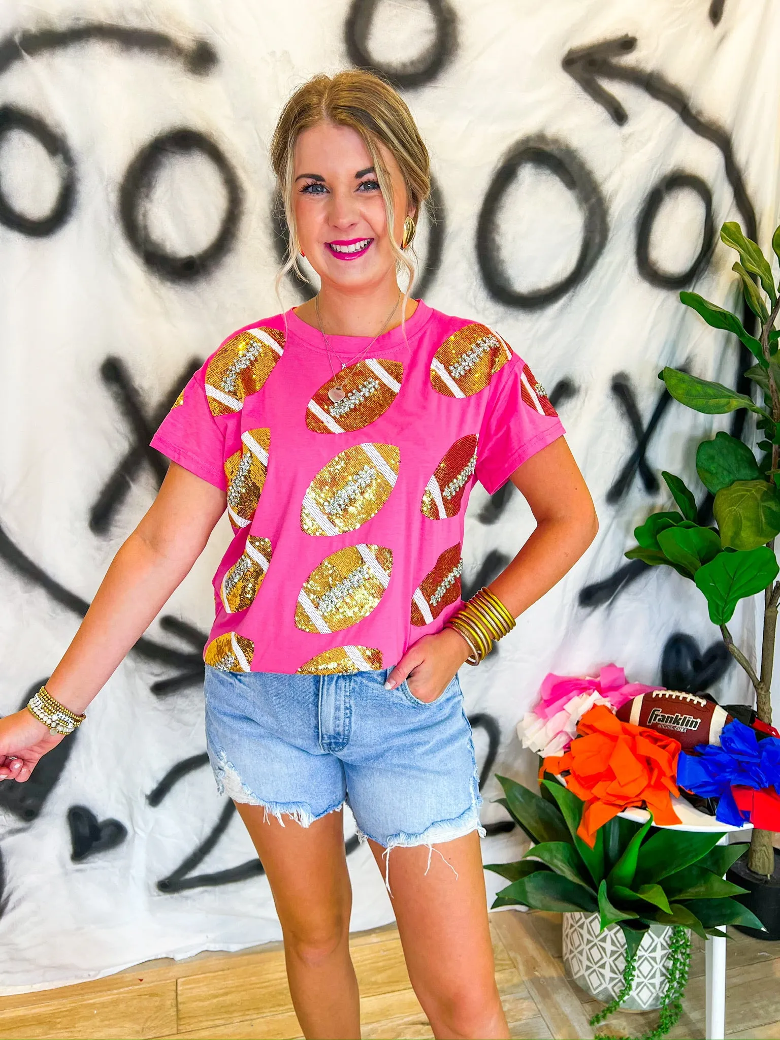 Rhinestone Football Tee - Pink/Gold