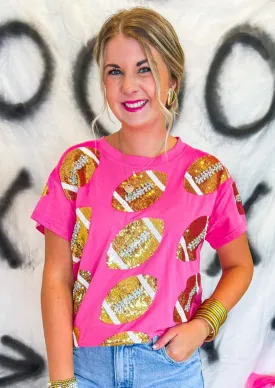 Rhinestone Football Tee - Pink/Gold