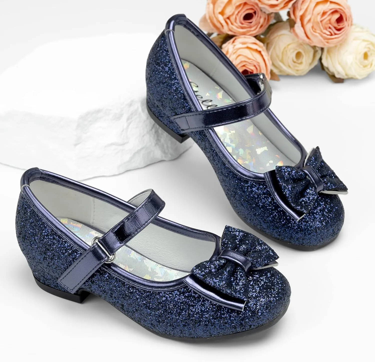 Stelle Girls Dress Shoes Glitter Princess Shoe Flower Mary Jane Low Heels Party Wedding Prom Footwear for Toddler Kids