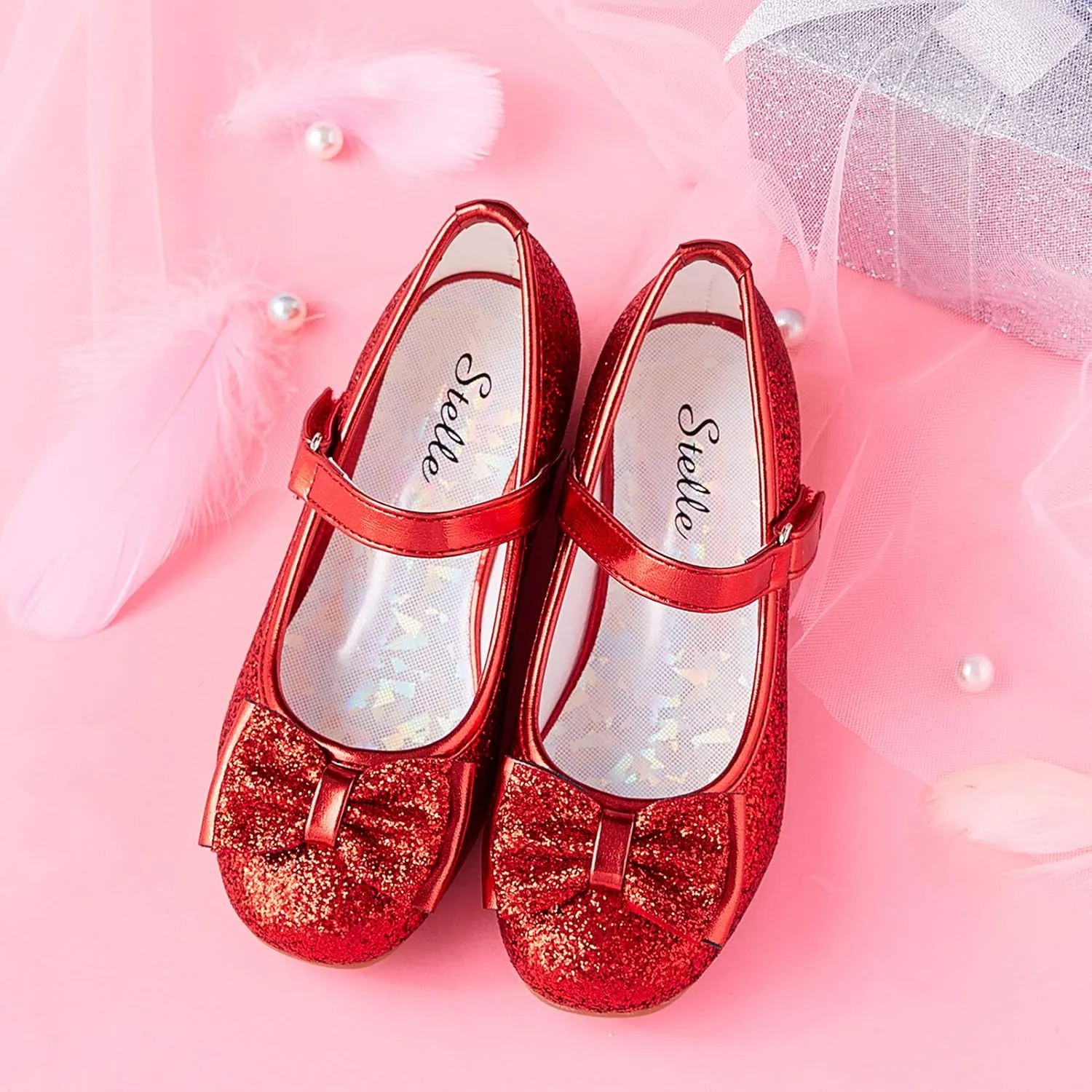 Stelle Girls Dress Shoes Glitter Princess Shoe Flower Mary Jane Low Heels Party Wedding Prom Footwear for Toddler Kids