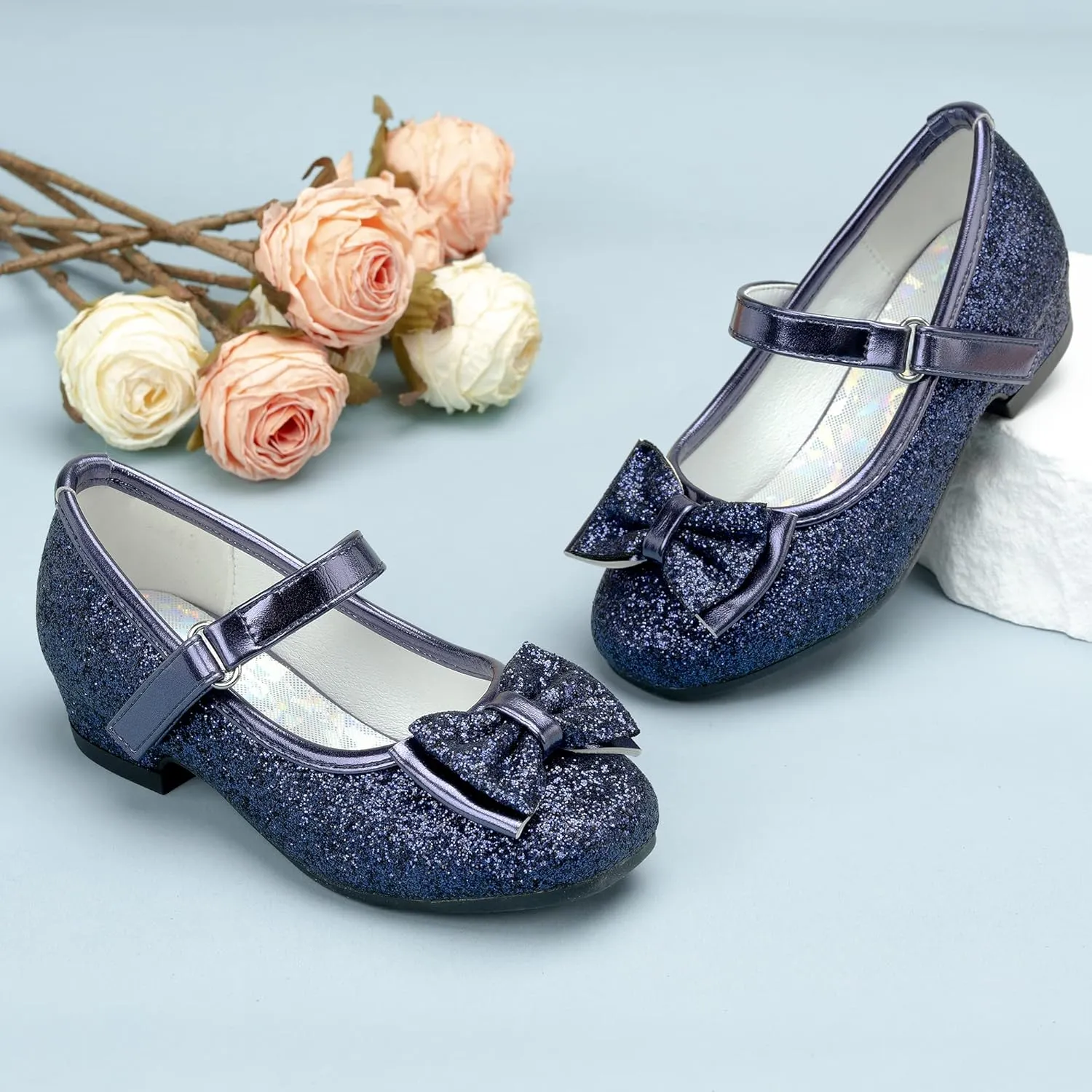 Stelle Girls Dress Shoes Glitter Princess Shoe Flower Mary Jane Low Heels Party Wedding Prom Footwear for Toddler Kids