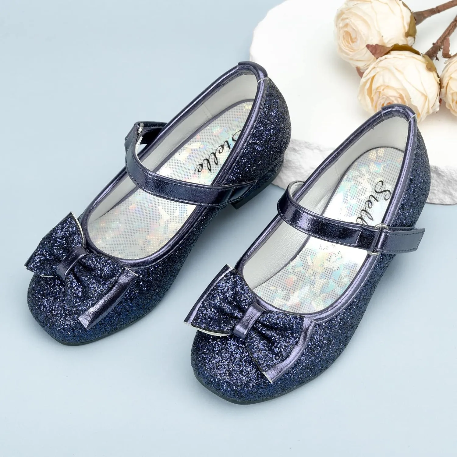Stelle Girls Dress Shoes Glitter Princess Shoe Flower Mary Jane Low Heels Party Wedding Prom Footwear for Toddler Kids
